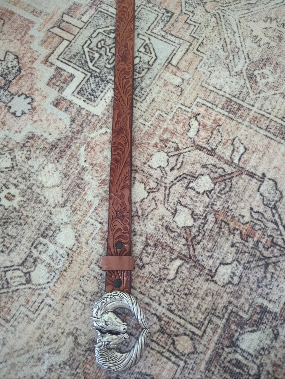 Justin Girl’s Twin Horse Western Belt Tooled With Silver Tone Buckle 20 09/21